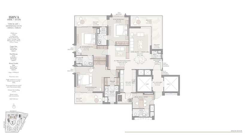 Architectural floor plan for a 3 BHK apartment.