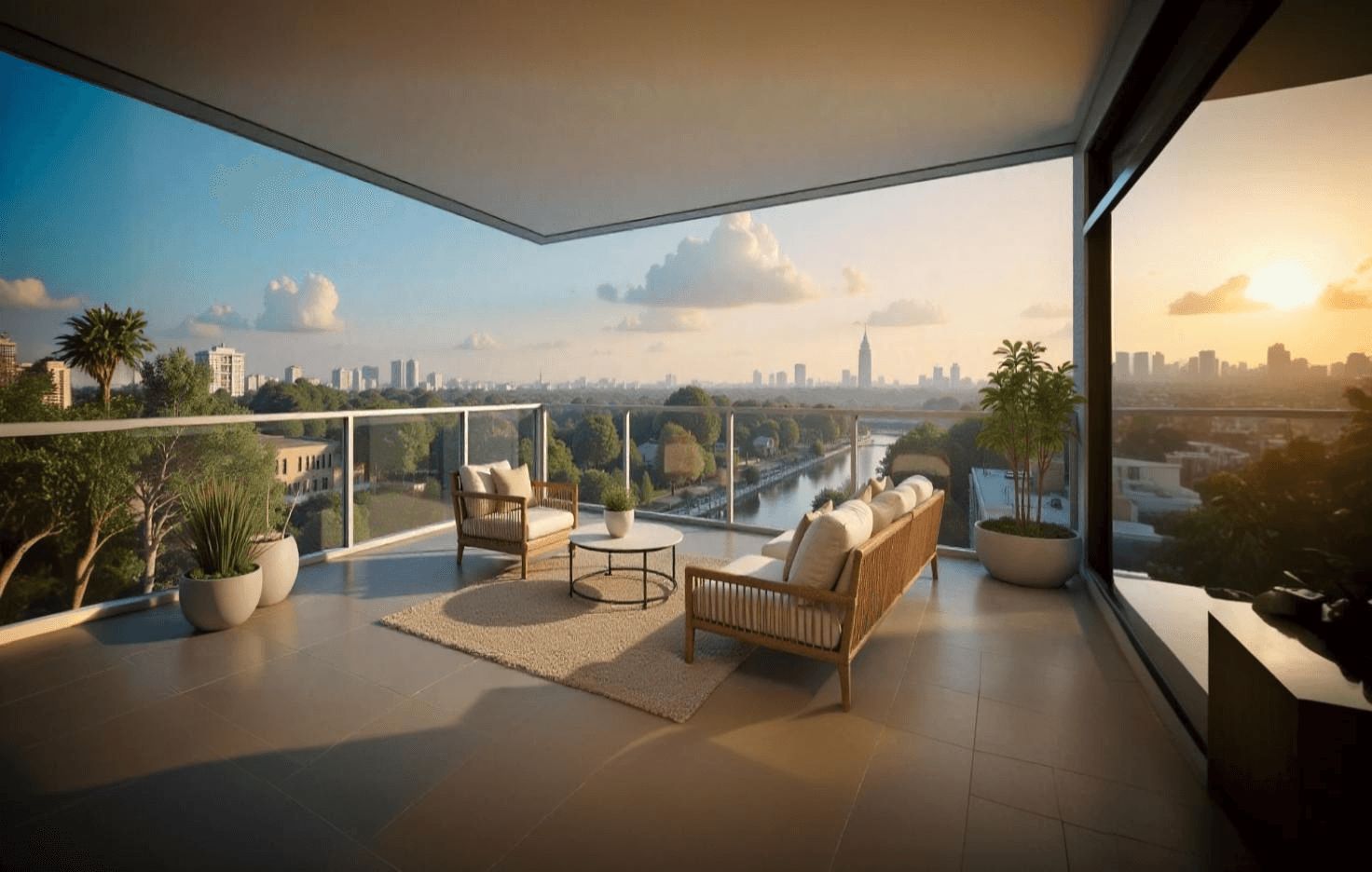 A park with green lawns and trees next to a modern building.